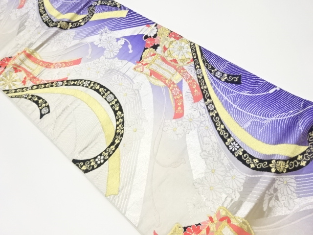 リサイクル　鬘帯に御所車・花々模様織出し袋帯